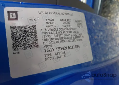 2020 Chevrolet Corvette Stingray Rwd 2Lt from USA, damaged, VIN 1G1Y73D42L5111694